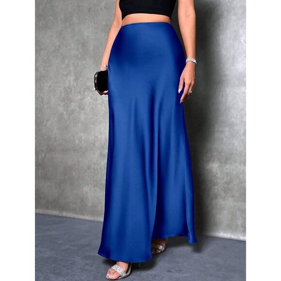 Satin maxi skirt long minimalist luxe classy royal blue - Picture 1 of 6
